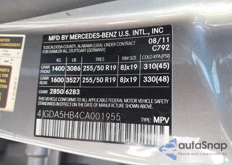 2012 Mercedes-Benz Ml 350 4Matic z USA, uszkodzony, nr VIN 4JGDA5HB4CA001955